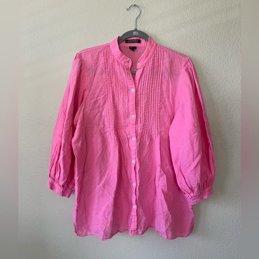 Ralph Lauren Bright Pink 100% Linen Pintuck Button Down Shirt Women’s Size L